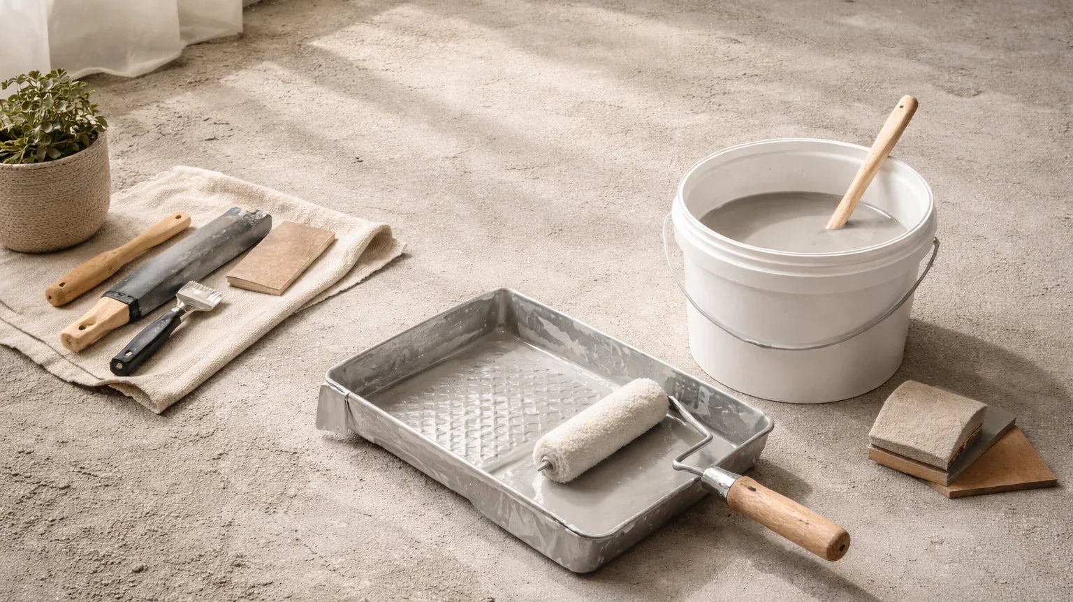 2K-betonverf mengen met verfmixer in juiste verhouding