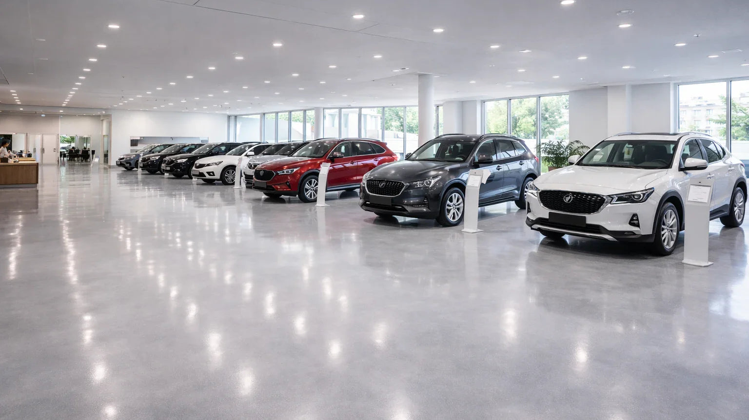Geverfde showroomvloer met betoncoating als voorbeeld