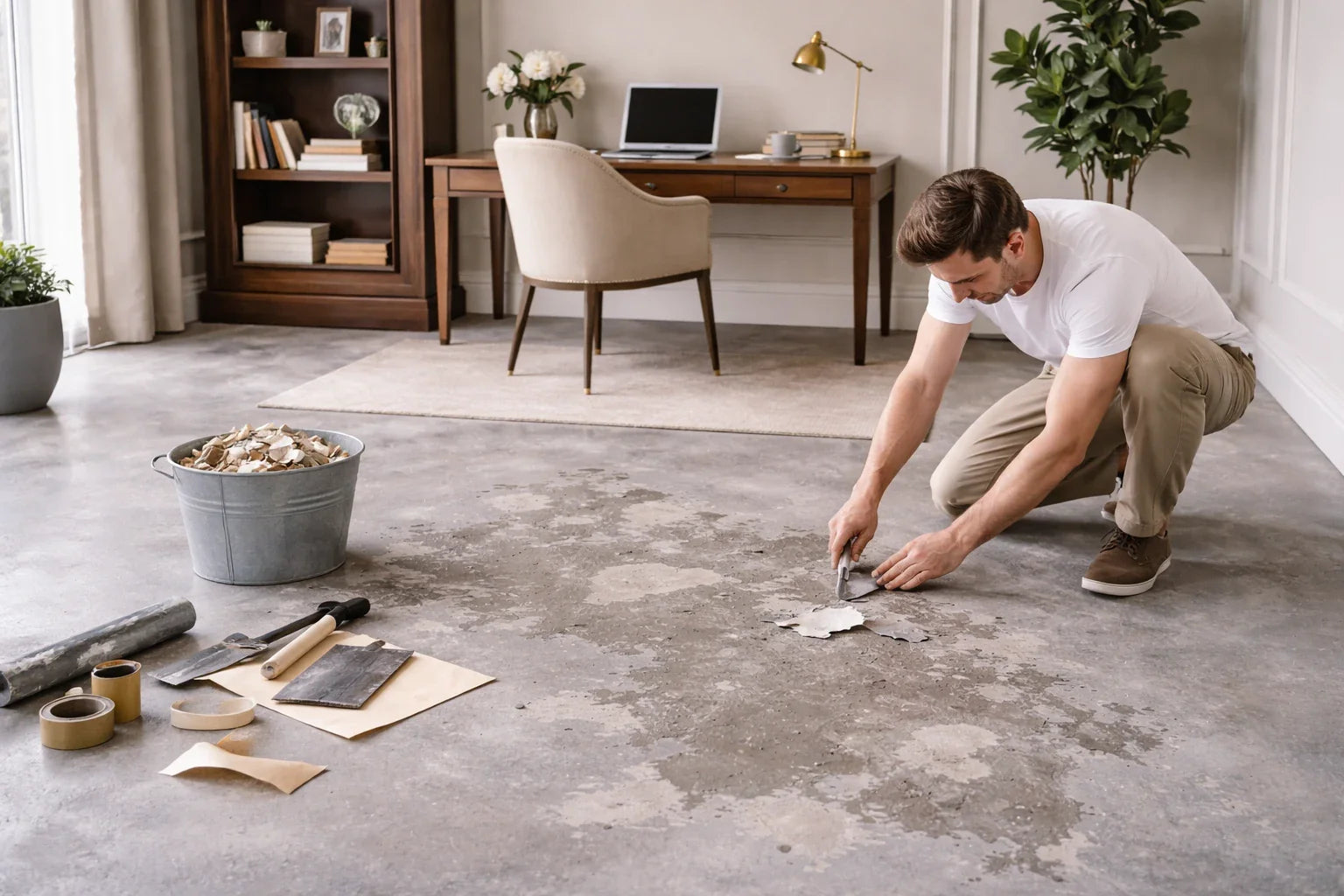 Loslatende betonverf op vloer als probleemvoorbeeld