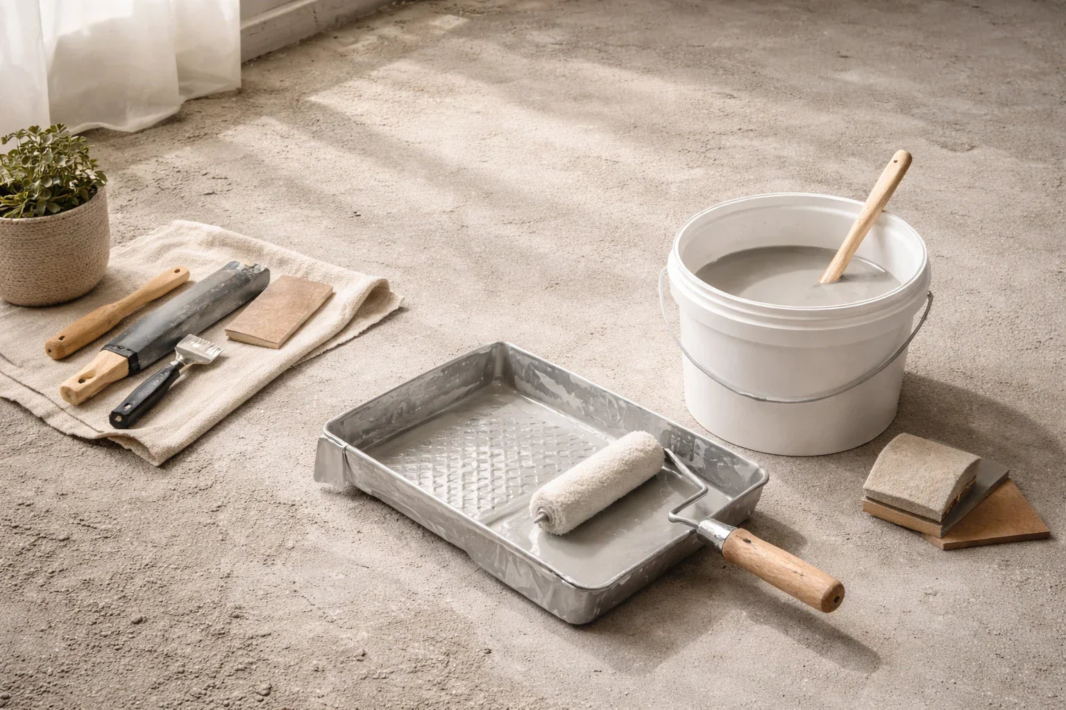 2K-betonverf mengen met verfmixer in juiste verhouding