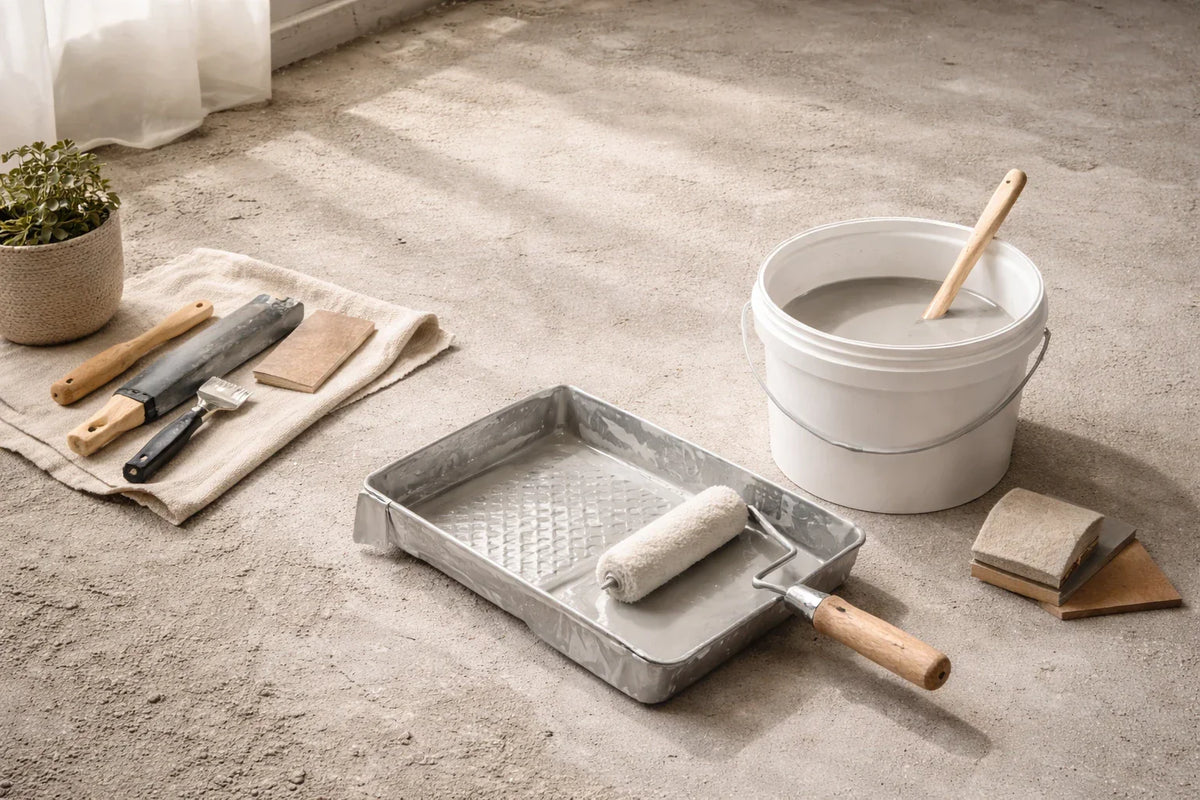 2K-betonverf mengen met verfmixer in juiste verhouding